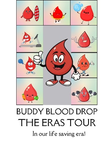 Cartoon of a blood drop jogging, lifting weights, eating vegetables, hanging out with an oxygen molecule, etc.