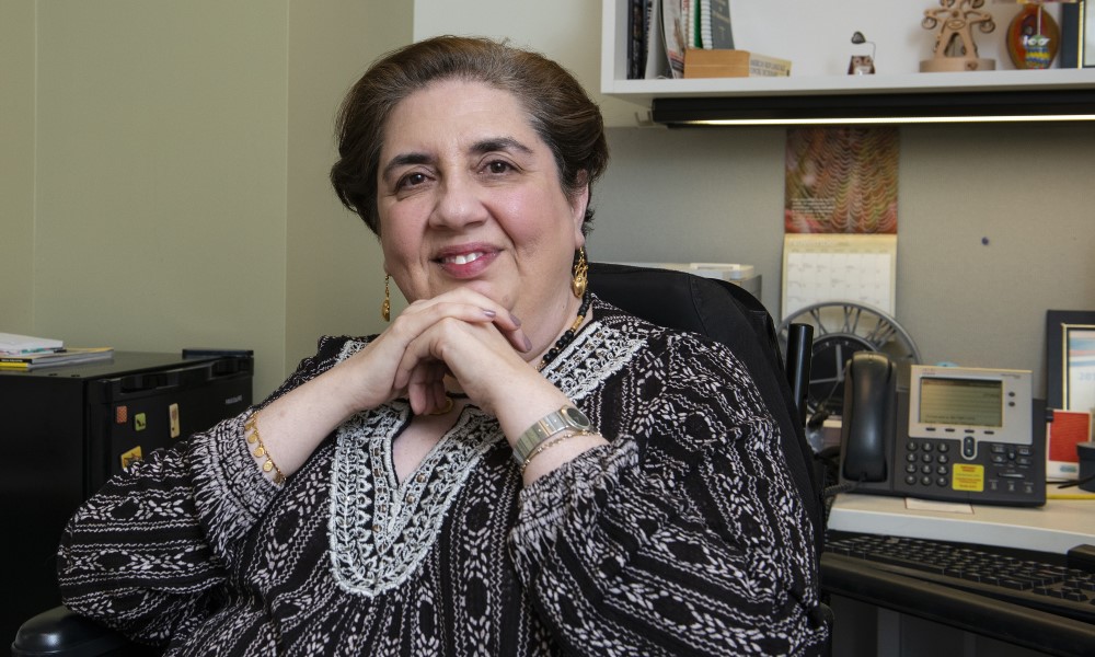 A smiling older Middle Eastern woman sits in her office.