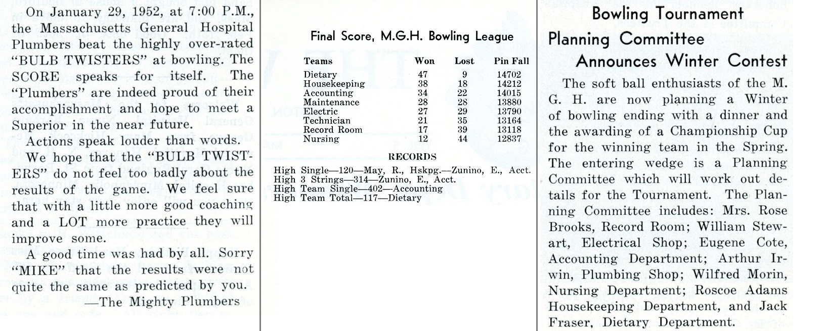 Archival documents from the history of the MGH Bowling League