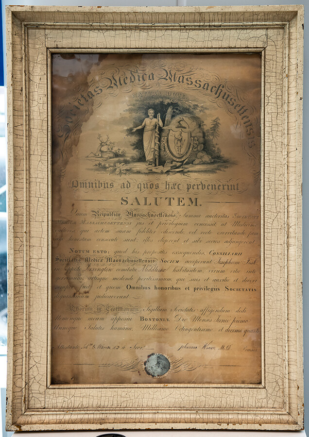 Mass Medical Society Membership Certificate for Dr. Joseph Fiske, who treated the wounded on the Lexington Battle Green in 1775