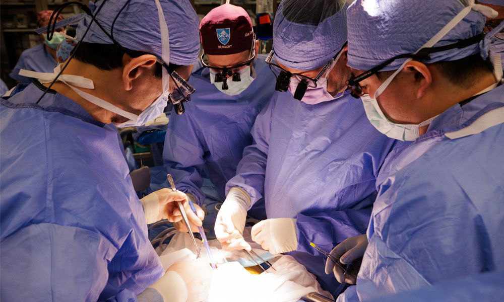 Mass General surgeons performing the transplant of a genetically-edited pig kidney into a patient.