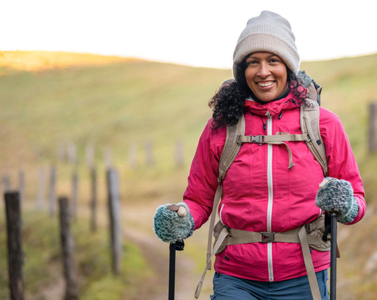 Woman hiking in cold weather