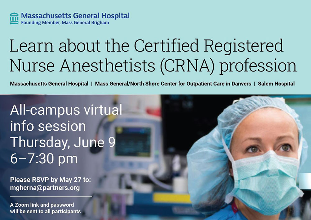 Flyer with the information below and an image of a masked CRNA.