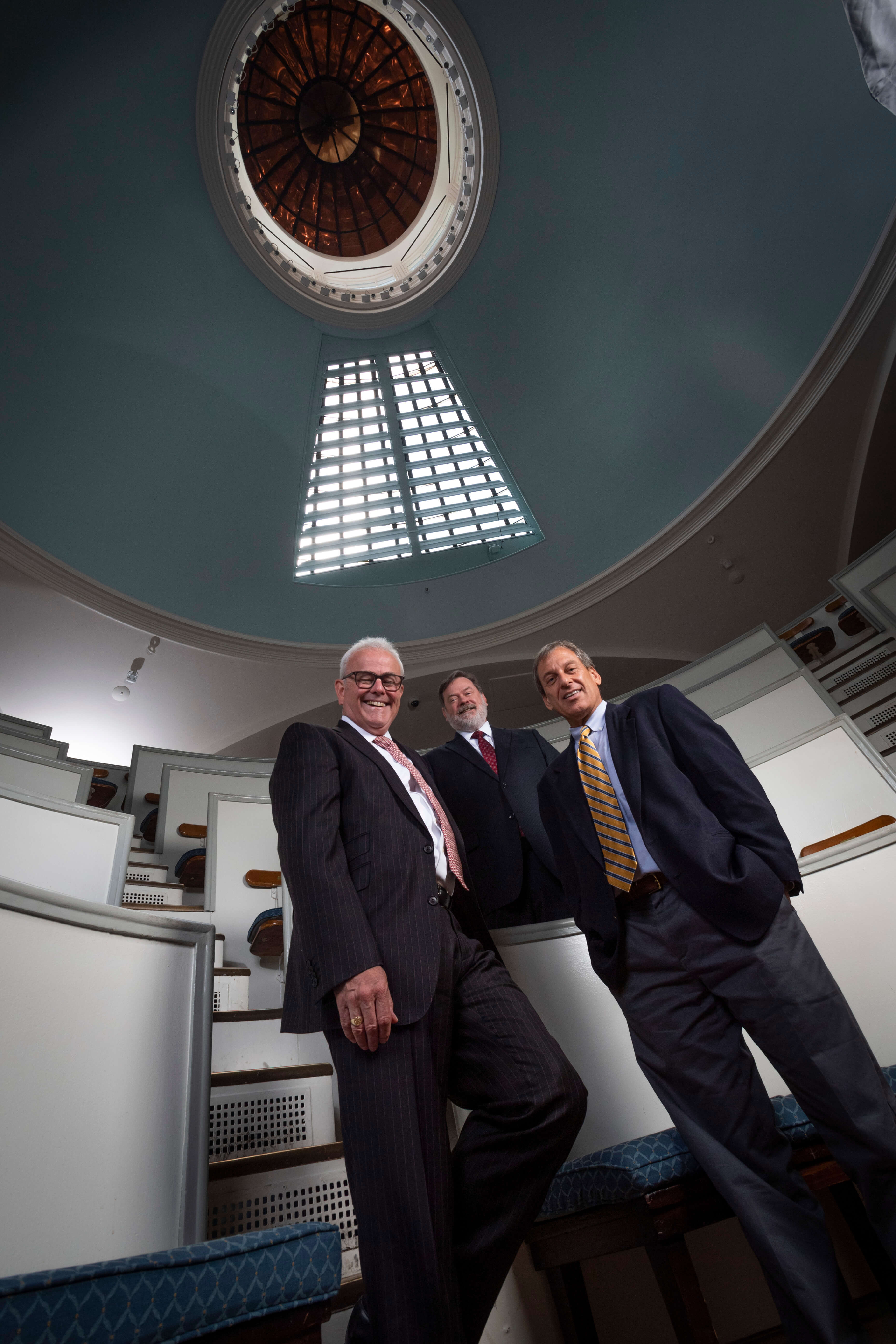 Dr. Raines, Dr. Denman and Dr. Goldman pictured with the Ether Dome's glass ceiling overhead