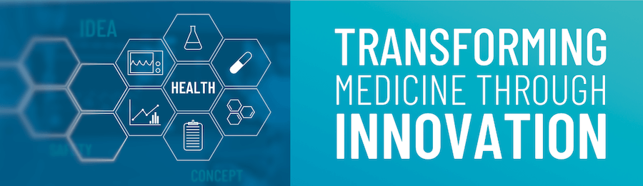 Text that says, “Transforming Medicine Through Innovation,” next to a hexagonal pattern showing 'Health' at the center surrounded by icons showing a flask with liquid, a pill, a molecule, a clipboard, a bar graph combined with a line graph, and a medical monitor.