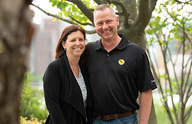 Rick and Sally Mastalerz in the Healing Garden at the Mass General Cancer Center.