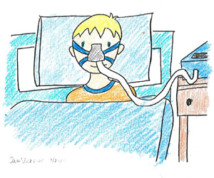 Drawing of a happy kid lying in bed and wearing a breathing mask.