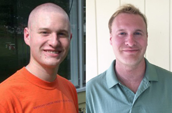 Two views of Ryan Schlosser, one as a bald teenager during treatment and the other as a healthy adult.