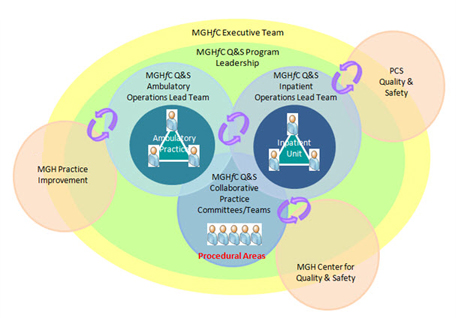 Diagram of the links and overlap between different sections of Mass General and the quality and safety programs.