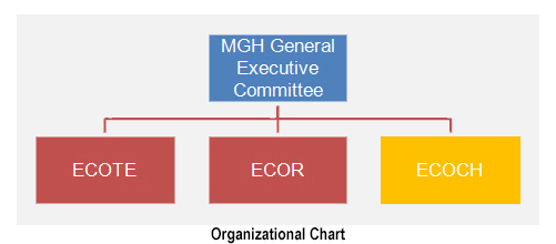 Organizational chart showing the MGH General Executive Committee over ECOTE, ECOR, and ECOCH