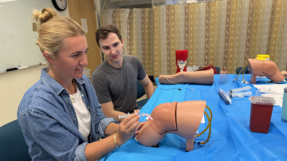 Residents practicing joint aspiration for knee during ambulatory procedure workshop