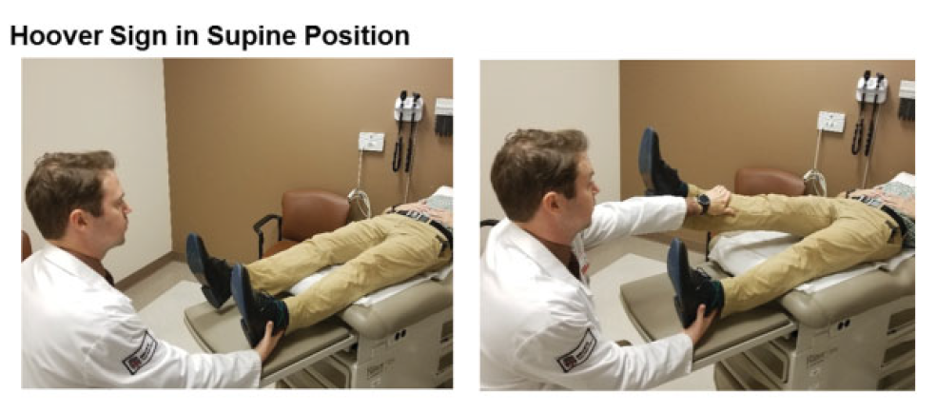 two images of a patient lying on their back, with a doctor moving their legs to test for normal muscle function