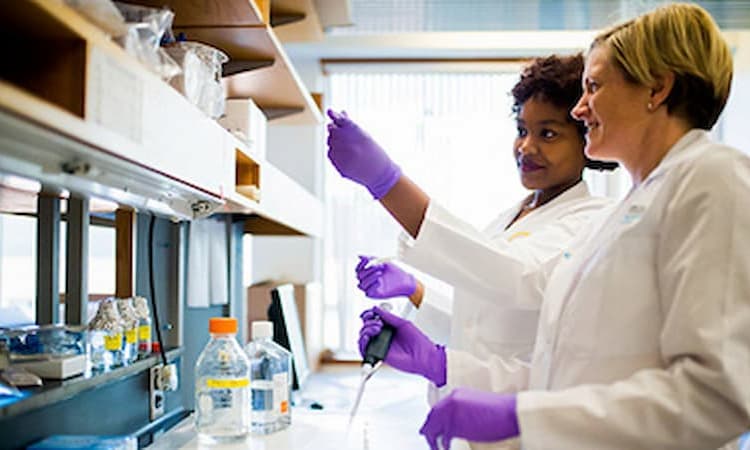 Two researchers looking at a lab sample