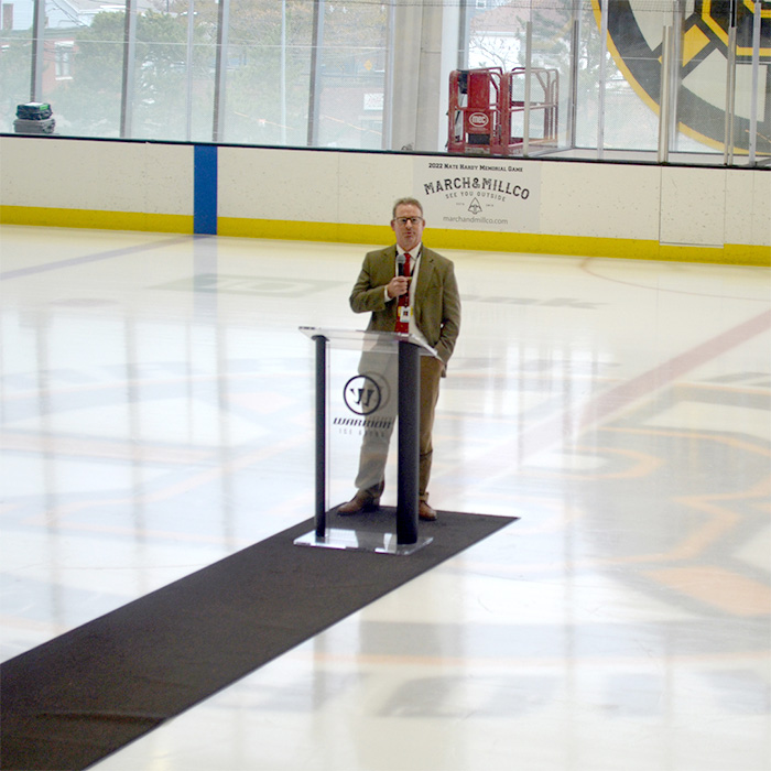 Lars Richardson, MD, speaking at Warrior Arena during the Boston Bruins Annual Coaching Symposium