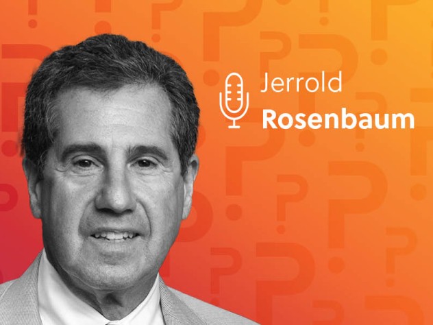 headshot of Rosenbaum with a microphone graphic and Jerrold Rosenbaum text