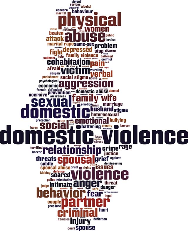 A word cloud about domestic violence, including words like physical abuse, relationship, spousal, viosence, anger, behavior, fear, partner, and criminal.