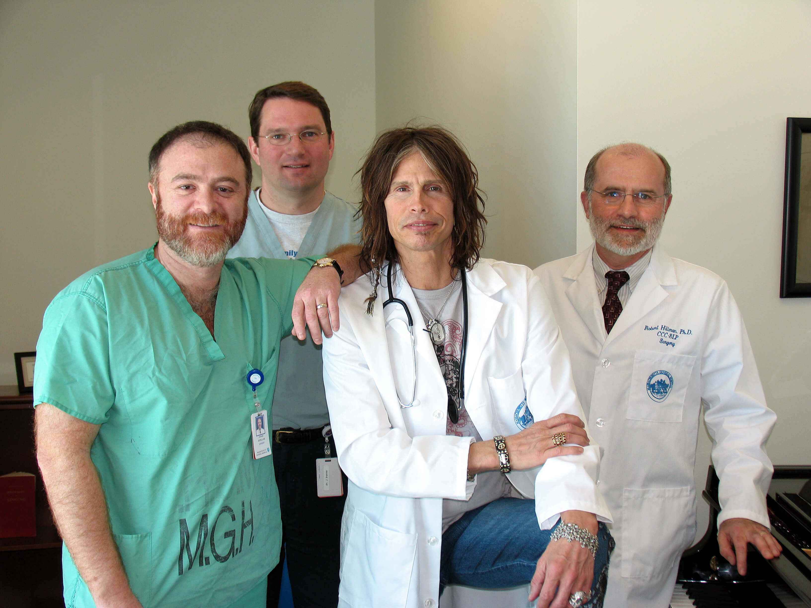 Dr. Steven Zeitels, Dr. James Burns, Aerosmith Singer Steven Tyler and Dr. Robert Hillman