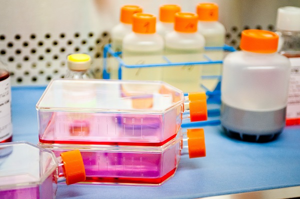 Laboratory bottles on a research bench Laboratory bottles on a research bench