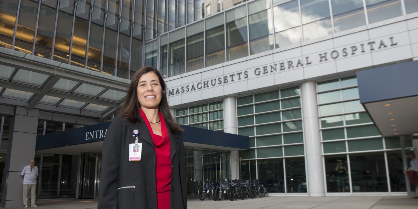 Elena Olson in front of the main entrance to Mass General