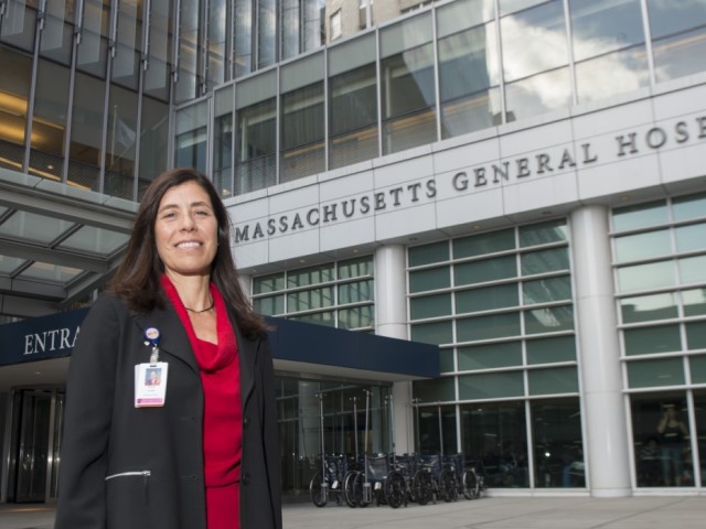 Elena Olson in front of the main entrance to Mass General