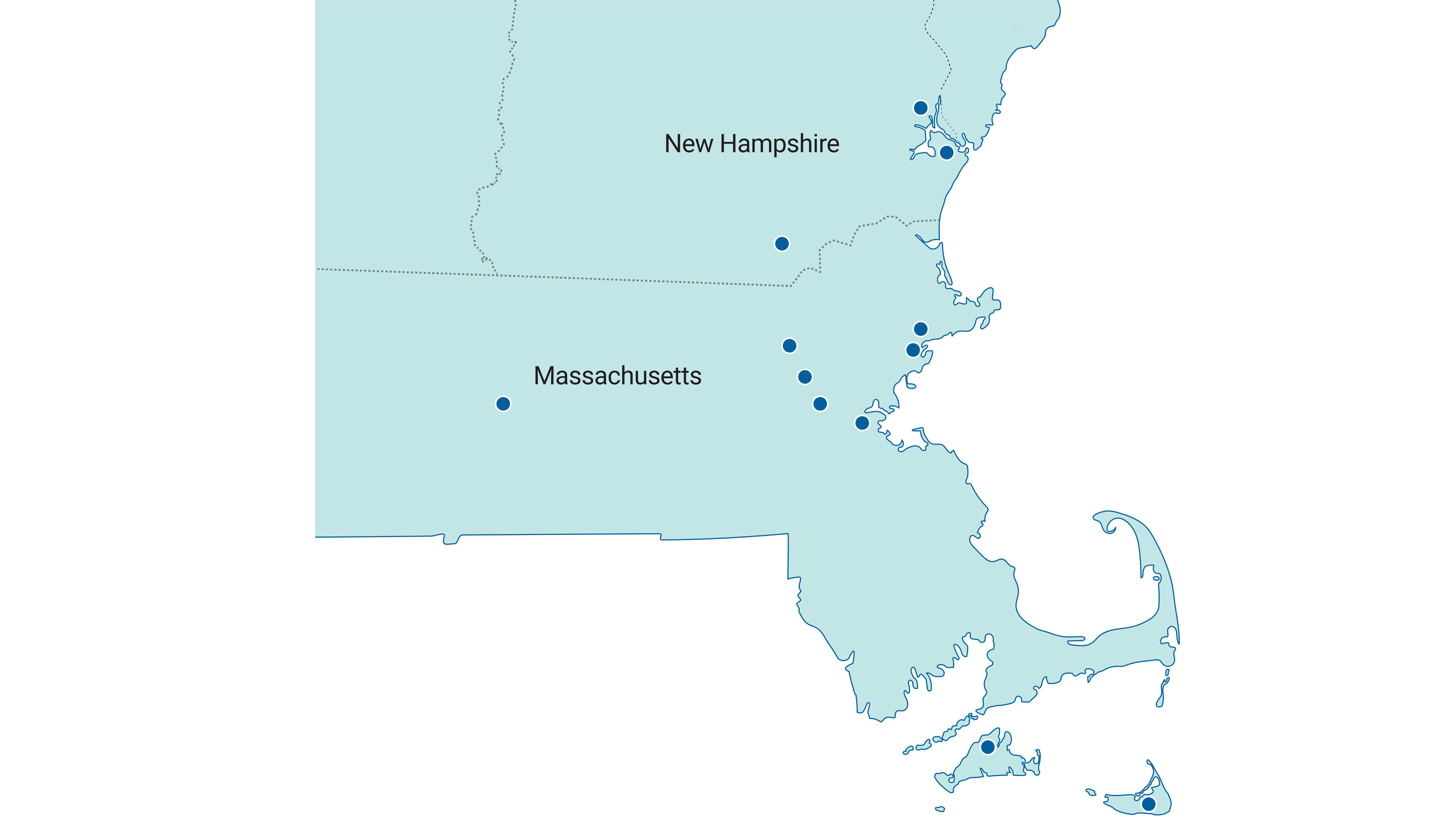Map of Mass General Cancer Center locations throughout New England