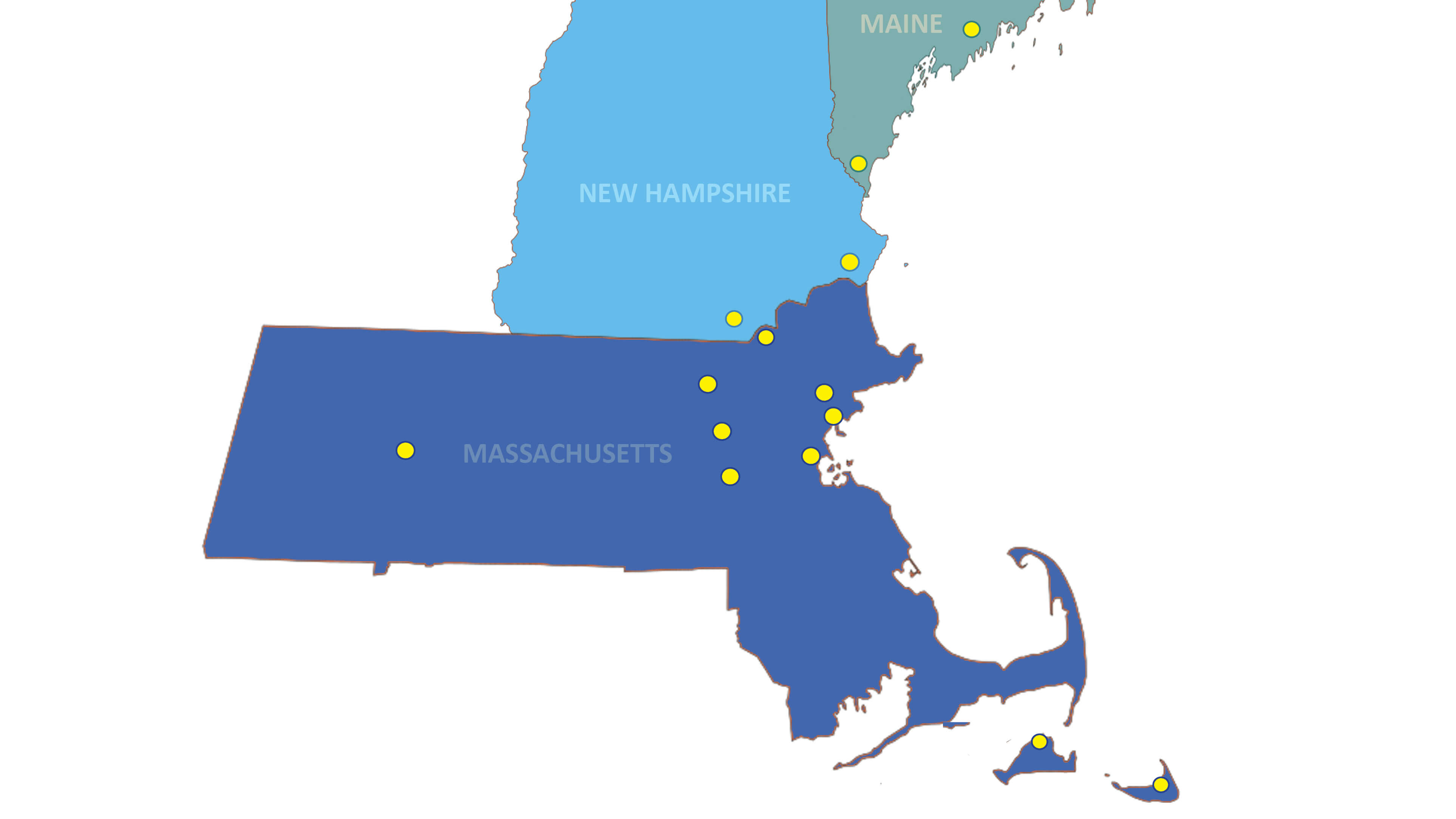 Map of Mass General Cancer Center locations throughout New England