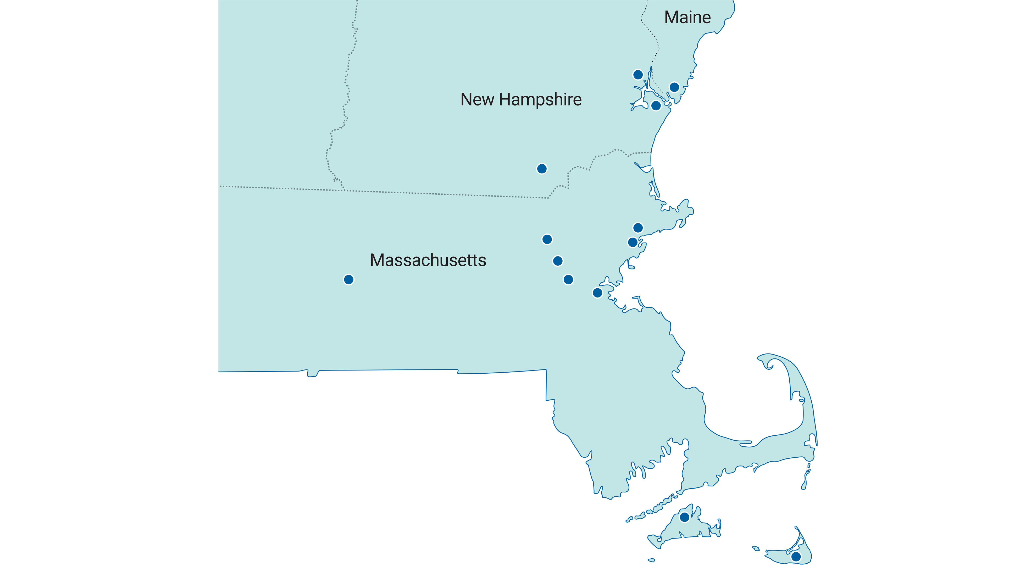 Map of Mass General Cancer Center locations throughout New England