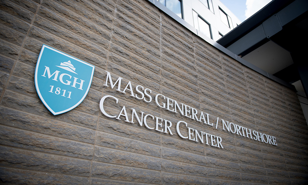 Mass General/North Shore Cancer Center sign on building. Mass General/North Shore Cancer Center sign on building.
