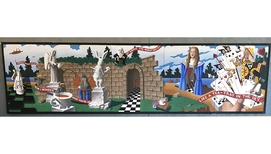 Julian Landa, Tea-Tray Mural In The Sky Mural 2, Oil on Canvas, 48”x 180” Julian Landa, Tea-Tray Mural In The Sky Mural 2, Oil on Canvas, 48”x 180”