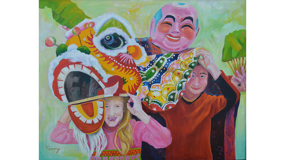 Thomas Natola, "Lions, and Teasers and Kids OH MY!" - Children at Beechwood Knoll School in Quincy celebrate Chinese New Year, oil on canvas, 30”x40” Thomas Natola, "Lions, and Teasers and Kids OH MY!" - Children at Beechwood Knoll School in Quincy celebrate Chinese New Year, oil on canvas, 30”x40”