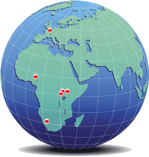  Globe with program spots in Africa and Europe marked with red dots.