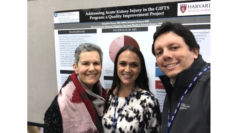Three people pose in front of an academic poster for a study of acute kidney injury. Three people pose in front of an academic poster for a study of acute kidney injury.