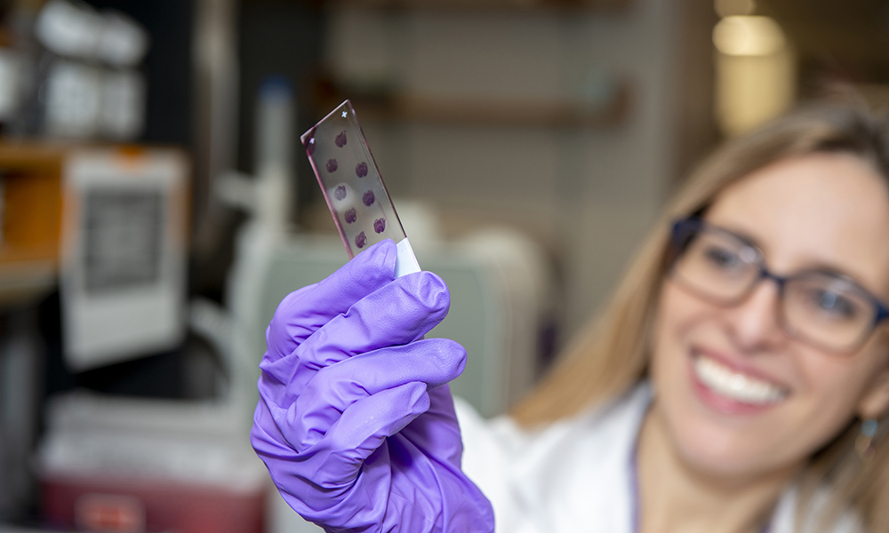 Smiling woman wearing glasses examining a research slide Smiling woman wearing glasses examining a research slide