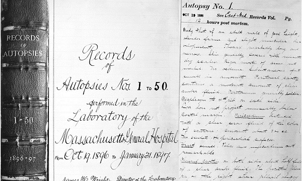 Image of old autopsy record book from Mass General Image of old autopsy record book from Mass General