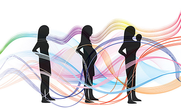 Silhouettes of a woman at three stages: not pregnant, heavily pregnant, and holding a baby. Silhouettes of a woman at three stages: not pregnant, heavily pregnant, and holding a baby.